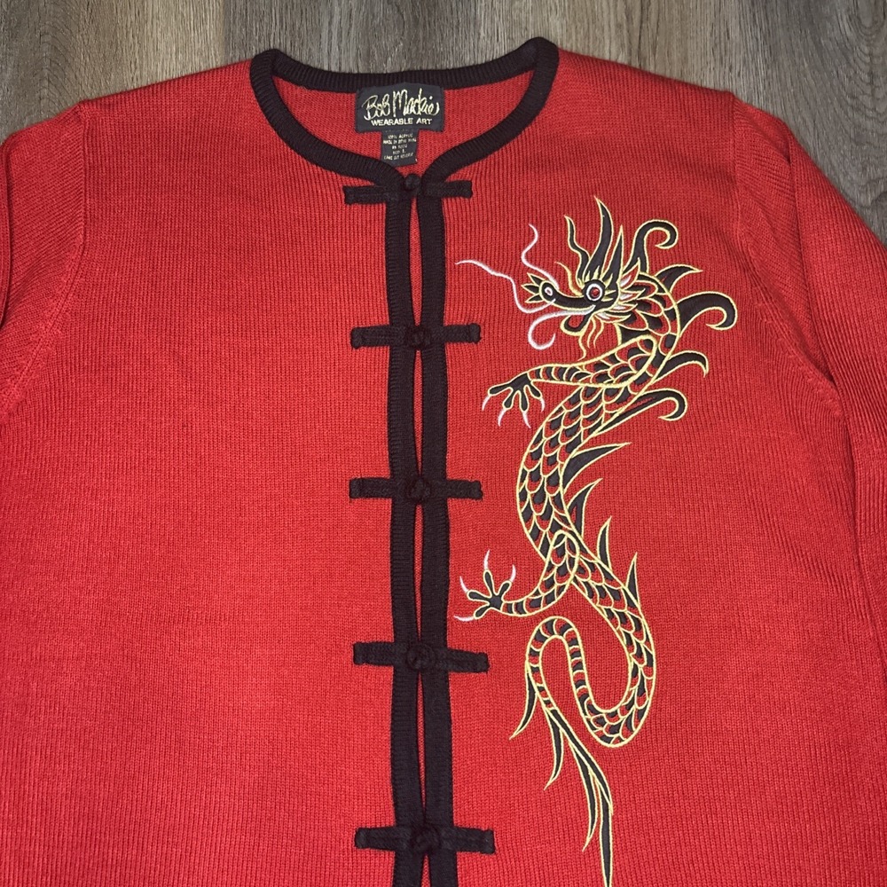 BOB MACKIE Wearable Art Sweater Women's Large Red Black Cardigan Dragon Elegant - Picture 3 of 11